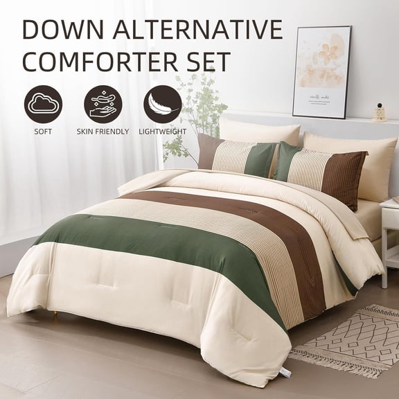Striped Comforter Set Queen Size, Boho Brown Green Striped Bedding Comforter Set 7 Piece Bed in a Bag, Soft Microfiber Down Alternative Farmhouse Bedding Set for All Season(90"x90")