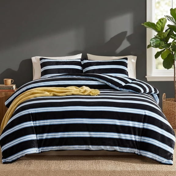Striped Comforter Set Queen Size Striped Bedding Set Soft Velvet Feel Fluffy Flannel Bedding 3 Pcs Modern Stripes Pattern Queen Size Bed Set for All Seasons 1 Comforter 2 Pillowcases 250g Microfi