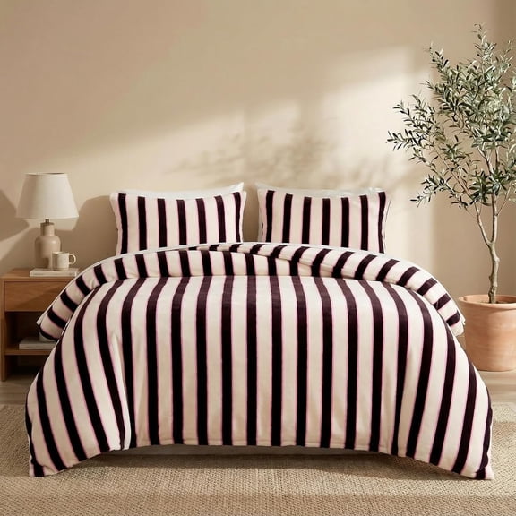 Striped Comforter Set Queen Size Luxury Milk Fleece Comforter Set Soft Velvet Feel Fluffy Bedding 3 Pcs Modern Stripes Pattern King Size Bed Set for All Seasons 1 Comforter 2 Pillowcases 250g Microfi