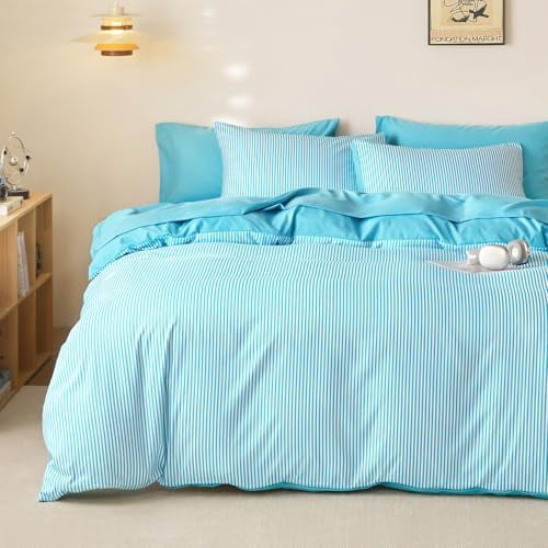 - Striped Comforter Set, Ticking Stripe Vertical Pinstripe Neutral Farmhouse Pattern Printed, Soft Lightweight Bedding, 3 Pieces, Aqua Blue White, King Size