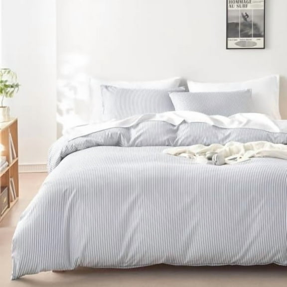 - Striped Comforter Set, Ticking Stripe Vertical Pinstripe Neutral Farmhouse Pattern Printed, Soft Lightweight Bedding, 3 Pieces, Gray, King Size