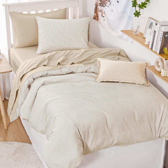 - Striped Comforter Set, Ticking Stripe Vertical Pinstripe Neutral Farmhouse Pattern Printed, Soft Lightweight Bedding, 3 Pieces, Light Brown White, Twin/Twin XL Size