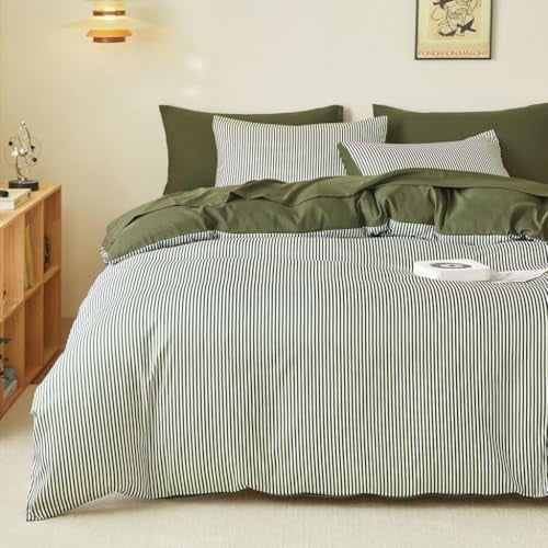 - Striped Comforter Set, Ticking Stripe Vertical Pinstripe Neutral Farmhouse Pattern Printed, Soft Lightweight Bedding, 3 Pieces, Olive Green White, Twin/Twin XL Size