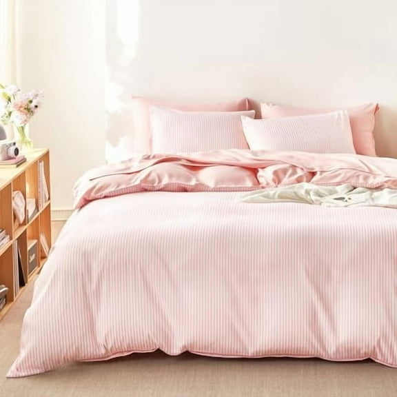 - Striped Comforter Set, Ticking Stripe Vertical Pinstripe Neutral Farmhouse Pattern Printed, Soft Lightweight Bedding, 3 Pieces, Pink White, Twin/Twin XL Size