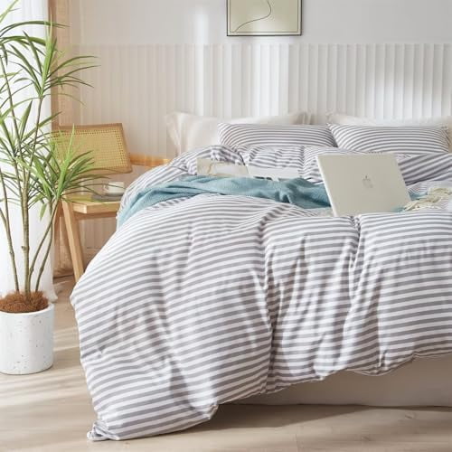 Striped Comforter Set Twin XL Size - Grey White Stripes Pattern Bed Set for Women and Men, 3 Pieces Lightweight Bedding Comforter Sets for All Seasons (1 Soft Fluffy Comforter + 2 Pillowcases)