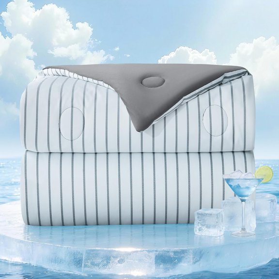 Striped Cooling Comforter Size, Q-Max 0.45 Reversible Cooling Blanket for Hot Sleepers, Breathable Lightweight Silk Smooth Summer Bedding, Quilted Ice Blanket, Dark Gray