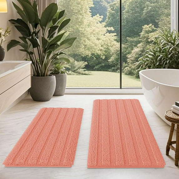 HAKUNA Striped Coral Bathroom Rug Set 2 Piece 32"x20"+24"x17" Ultra Soft, Non Slip Chenille Toilet Mat, Absorbent Plush Shaggy Bath Mats for Bathroom, Bedroom, Kitchen
