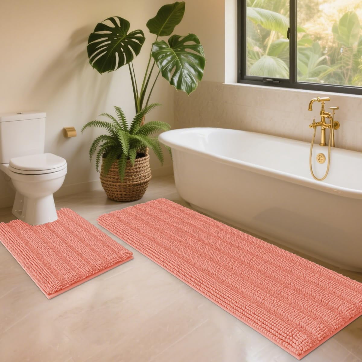 HAKUNA Striped Coral Bathroom Rug Set 2 Piece U Shape 24"x20"+48"x20" Ultra Soft, Non Slip Chenille Toilet Mat, Absorbent Plush Shaggy Bath Mats for Bathroom, Bedroom, Kitchen