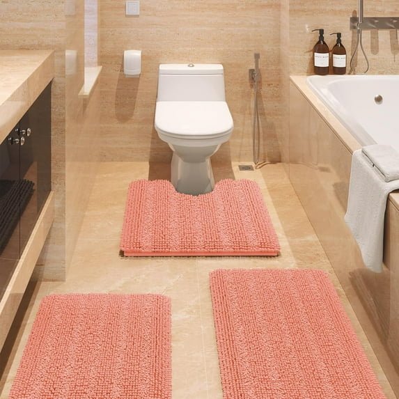 HAKUNA Striped Coral Bathroom Rug Set 3 Pieces Ultra Soft, Non Slip Chenille Toilet Mat, Absorbent Plush Shaggy Bath Mats for Bathroom, Bedroom, Kitchen