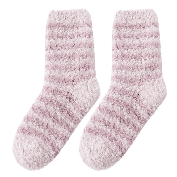 Striped Coral Fleece Mid Calf Thermal Socks,Winter Super Thick Home Stockings,Snow Resistant Warm Foot Wear,Soft Fluffy Stretch Knit Socks For Indoor Outdoor Cold Weather Daily Use,Pink