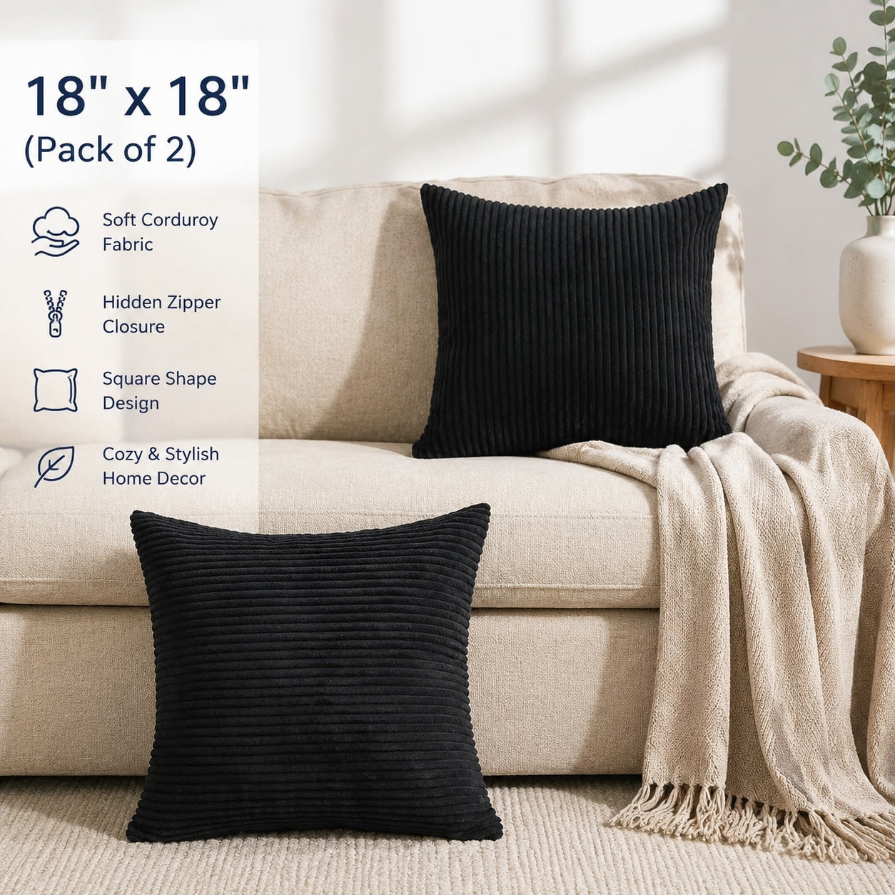 Striped Corduroy Velvet Pillow Covers Set of 2, 18 x 18 inch, Super