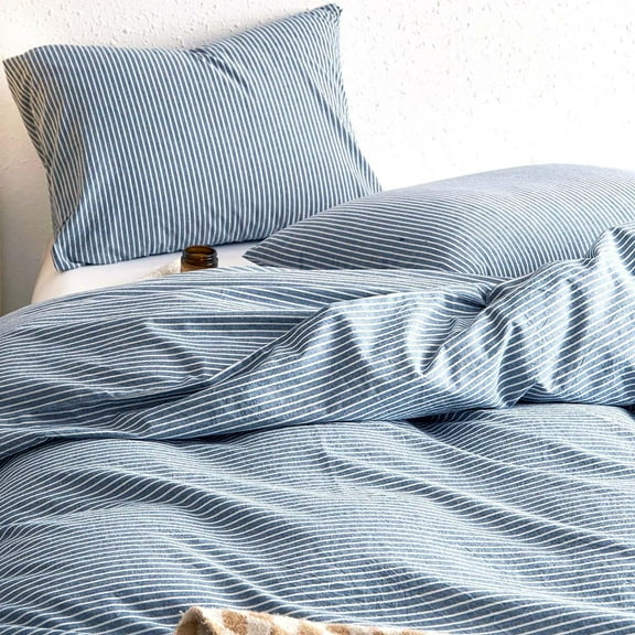 Striped Cotton Duvet Cover Set, 100% Washed Cotton Textured Percale Bedding Set, Ticking Stripe Pinstripe Farmhouse, 3 Pieces, Denim Blue, King Size