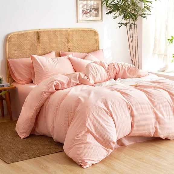 Striped Cotton Duvet Cover Set, 100% Washed Cotton Textured Percale Bedding Set, Ticking Stripe Pinstripe Farmhouse, 3 Pieces, Light Pink, Queen Size