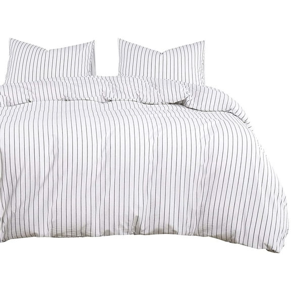 - Striped Cotton Duvet Cover Set, Ticking Stripe Vertical Pinstripe Farmhouse, 100% Washed Cotton Textured Percale Bedding Set, 3 Pieces, Blue White, Queen Size