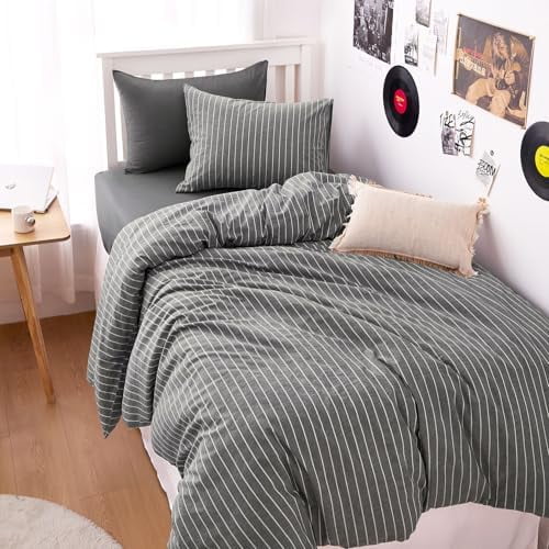 - Striped Cotton Duvet Cover Set, Ticking Stripe Vertical Pinstripe Farmhouse, 100% Washed Cotton Textured Percale Bedding Set, 3 Pieces, Gray, Twin Size