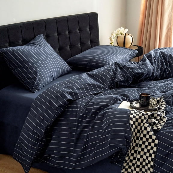 Striped Cotton Duvet Cover Set, Vertical Ticking Stripe, 100% Washed Cotton, 3-Piece, Navy Blue, Queen