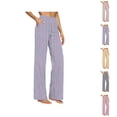 thumbnail image 1 of Striped Cotton Linen Pants for Women 2026 Spring Summer Relaxed Fit Elastic High Waist Wide Leg Beach Pants with Pockets, 1 of 5