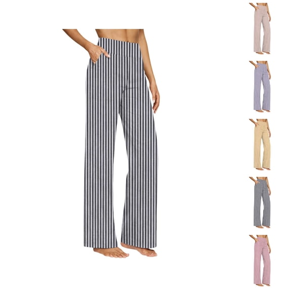 Striped Cotton Linen Pants for Women 2026 Spring Summer Relaxed Fit Elastic High Waist Wide Leg Beach Pants with Pockets