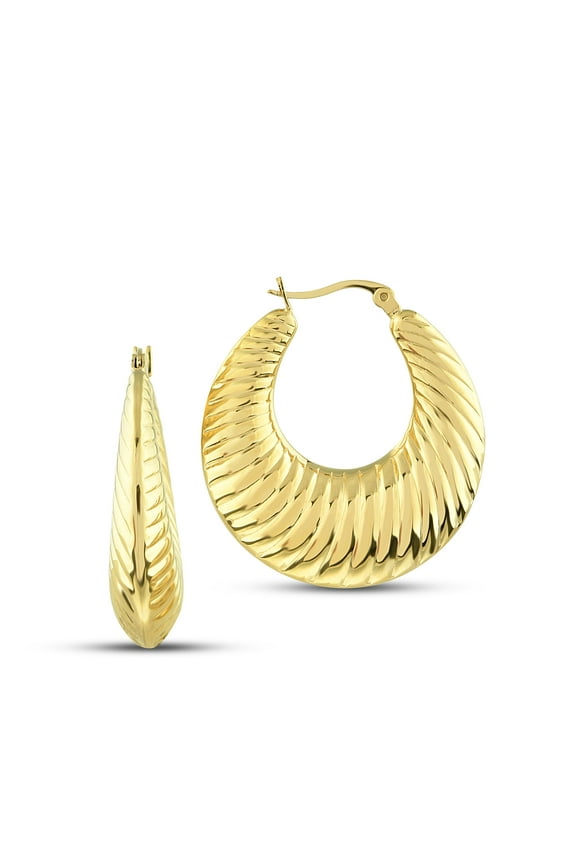 Striped Crescent Large Hoop Earrings 14K Gold Plated Shrimp Hoops 40mm - Scalloped Hoop Earrings, Moon Earrings, Gold Boho Earrings, Big Earrings