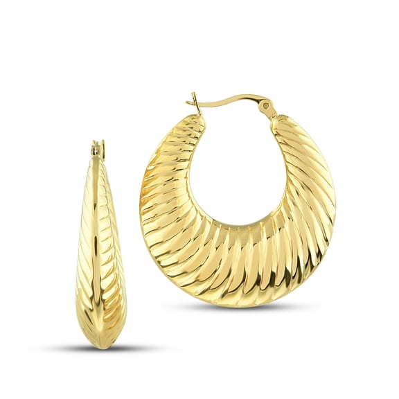 Striped Crescent Large Hoop Earrings 14K Gold Plated Shrimp Hoops 40mm - Scalloped Hoop Earrings, Moon Earrings, Gold Boho Earrings, Big Earrings