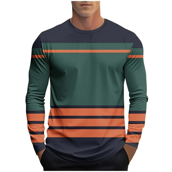 Striped Crewneck Tee Men Long Sleeve Loose Fit Casual Contrast Shirt Basic Pullover Breathable Cotton Blend Trendy Streetwear Comfort Top