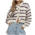 thumbnail image 1 of Striped Crop Cardigans for Women Long Sleeve Crew Neck Cropped Sweater Button Front Oversized Fashion Knit Jacket White, S, 1 of 5
