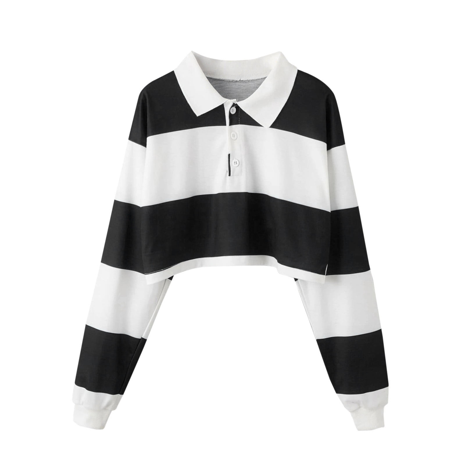 Striped Crop Tops Women Teens Colorful Button Collar Long Sleeve