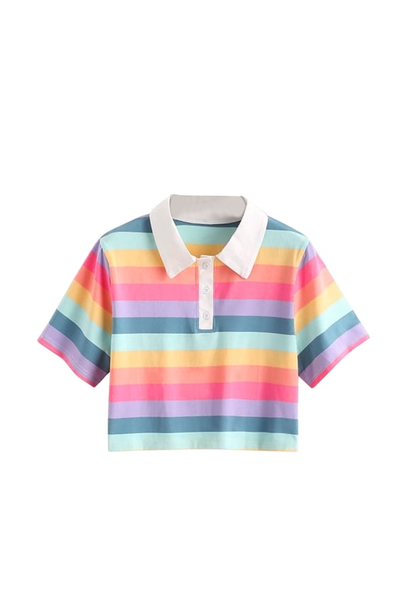 Striped Crop Tops Women Teens Colorful Button Collar Long Sleeve Loose Pullover Sweatshirt Tee Shirt Sports Casual (Medium, Purple 01)