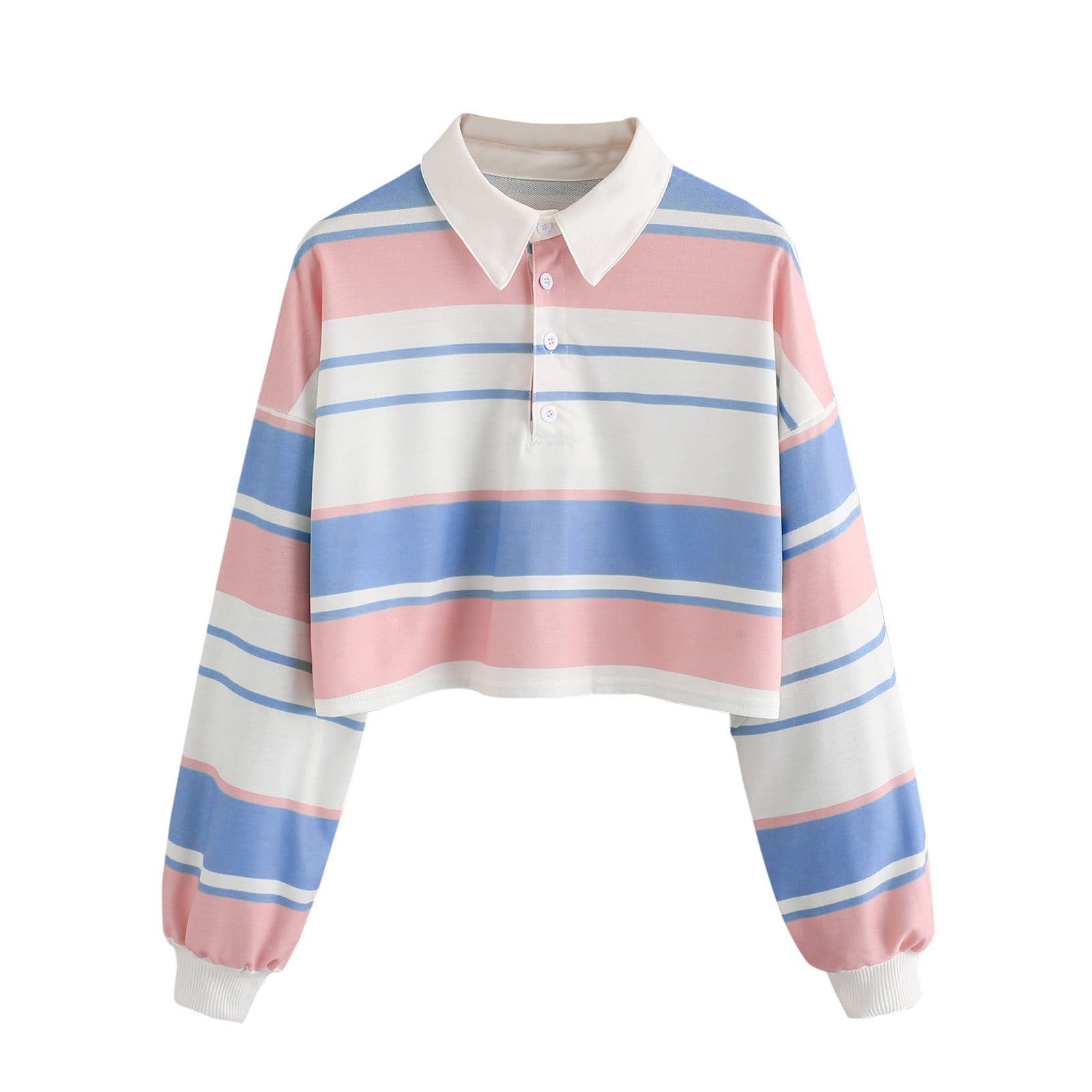 Striped Crop Tops Women Teens Colorful Button Collar Long Sleeve