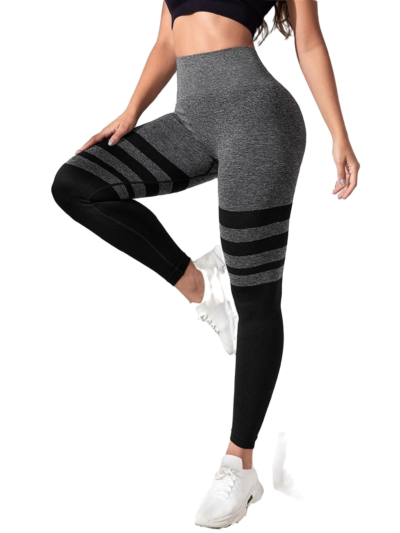Striped Dark Grey Cropped Active Bottoms Women's Sports Leggings
