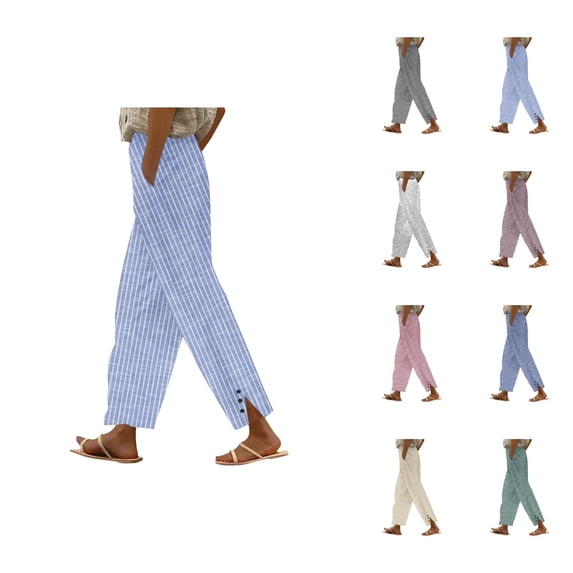 Striped Cropped Pants for Women 2026 Spring Summer Relaxed Fit Elastic Waist Straight Leg Casual Pants with Pockets