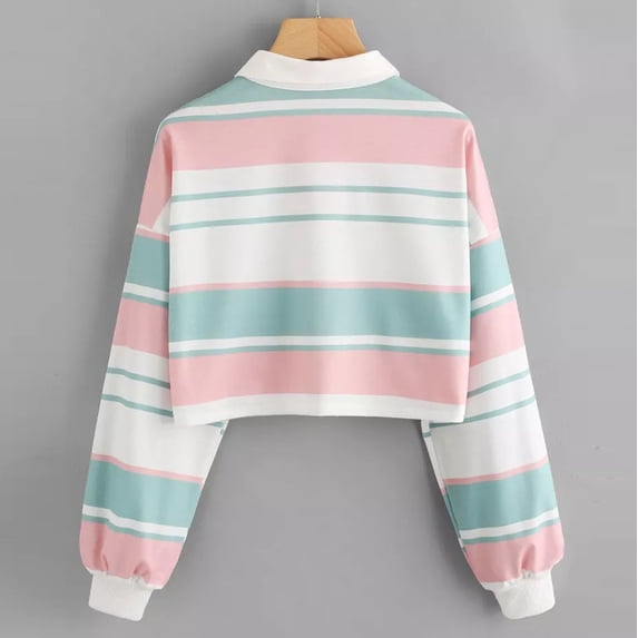 Striped Cropped Sweatshirt for Womens Casual Button Blouse Drop Shoulder Henley Pullover Long Sleeve Crop Top Tee