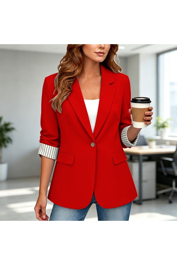 Striped Cuff Patchwork Blazer for Women,Slim Fit Notched Lapel One Button Suit Jacket,Euro-American Style Office Casual Lightweight Cardigan Coat for Spring Fall Commute Red XL