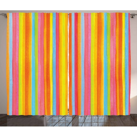 Ambesonne Striped Curtains 2 Panel Set, Vertical Colorful Lines, 108" x 84", Multicolor