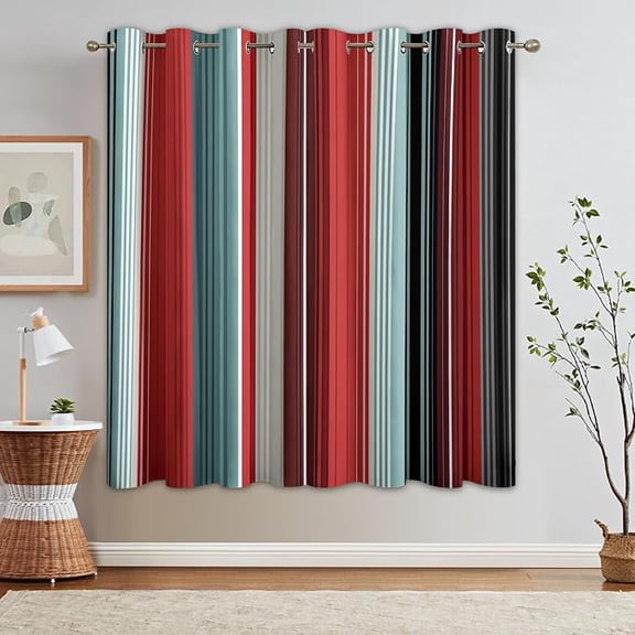 Striped Curtains for Living Room, Red Teal and Black Stripe Blackout Curtains, Striped Room Decor, Thermal Darkening Bedroom Window Drapes, Grommets 42"W x 63"L (Pack of 2)
