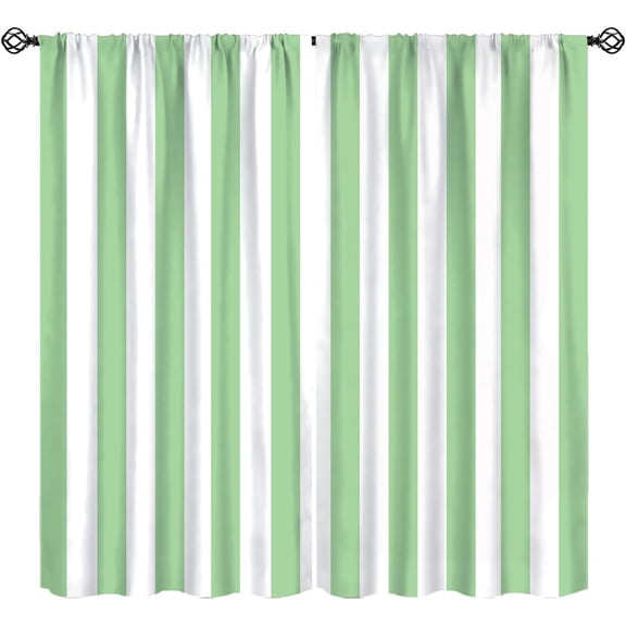 Striped Curtains, Vertical Stripe Green White Pattern Print Window Treatments, Rod Pocket Thermal Insulated Drapes 2 Panel Sets for Bedroom Living Room, 55" W X 39" L