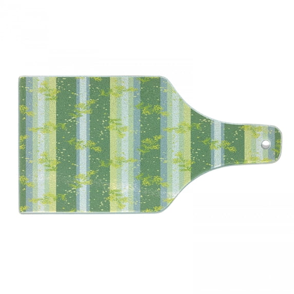 Striped Cutting Board, Mimosa Spring Flower Leaves on Striped Back March Blossoms Feminine Design Art, Tempered Glass Cutting and Serving Board, Wine Bottle Shape, Yellow Green, by Ambesonne