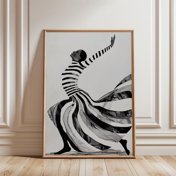 Striped Dancing Woman Wall Art Print, Black And White Abstract Poster Unframed Paper Print