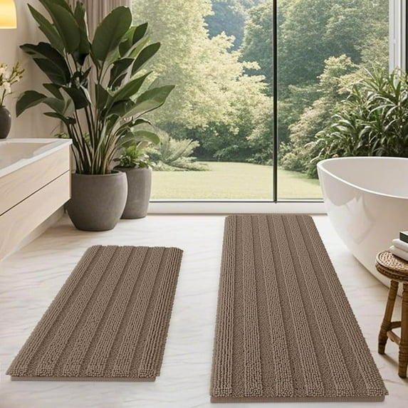 HAKUNA Striped Dark Beige Bathroom Rug Set 2 Piece 24"x17"+48"x20" Ultra Soft, Non Slip Chenille Toilet Mat, Absorbent Plush Shaggy Bath Mats for Bathroom, Bedroom, Kitchen