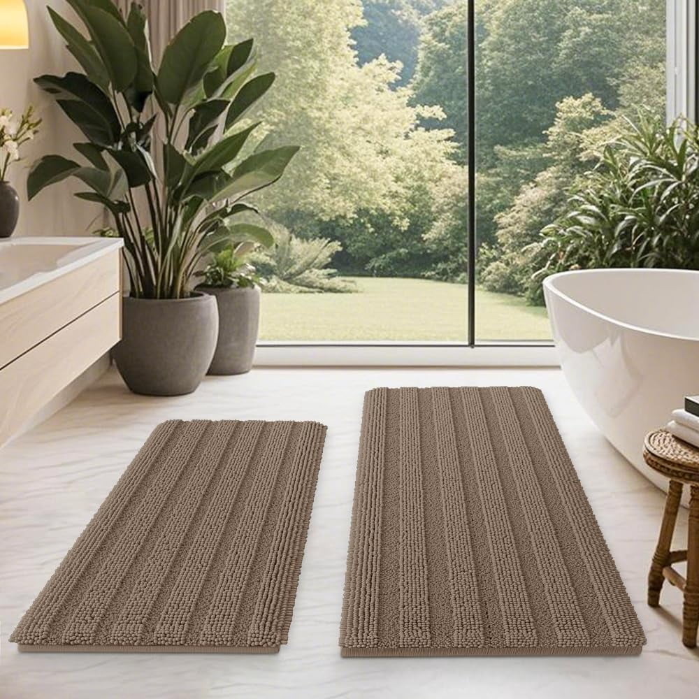 HAKUNA Striped Dark Beige Bathroom Rug Set 2 Piece 32"x20"+24"x17" Ultra Soft, Non Slip Chenille Toilet Mat, Absorbent Plush Shaggy Bath Mats for Bathroom, Bedroom, Kitchen