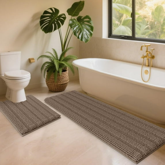 HAKUNA Striped Dark Beige Bathroom Rug Set 2 Piece U Shape 24"x20"+48"x20" Ultra Soft, Non Slip Chenille Toilet Mat, Absorbent Plush Shaggy Bath Mats for Bathroom, Bedroom, Kitchen