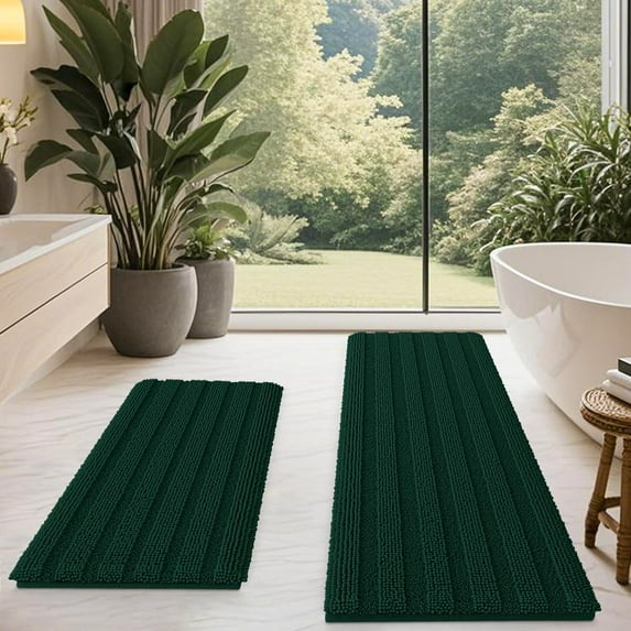 HAKUNA Striped Deep Green Bathroom Rug Set 2 Piece 24"x17"+48"x20" Ultra Soft, Non Slip Chenille Toilet Mat, Absorbent Plush Shaggy Bath Mats for Bathroom, Bedroom, Kitchen, Charcoal