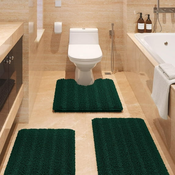HAKUNA Striped Deep Green Bathroom Rug Set 3 Pieces Ultra Soft, Non Slip Chenille Toilet Mat, Absorbent Plush Shaggy Bath Mats for Bathroom, Bedroom, Kitchen