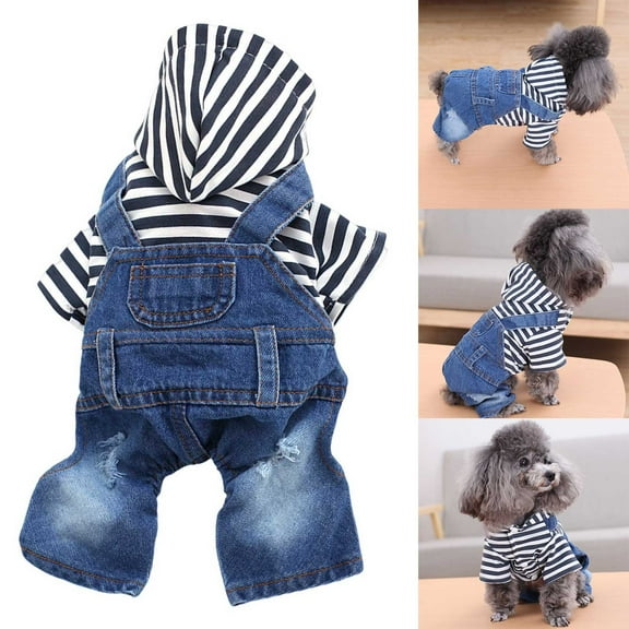 Striped Denim Pet Jumpsuit – Adjustable Suspender Outfit for Small to Medium Dogs & Cats, Breathable Blend Fabric (Machine-Washable)