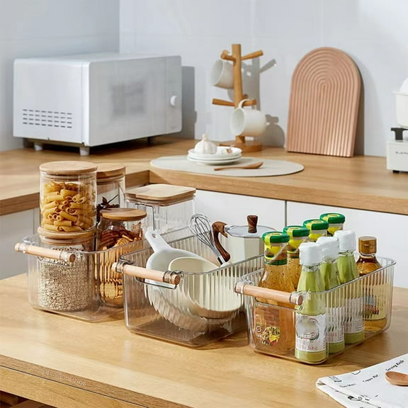 Striped Desktop Storage Box with Wooden Handle | Transparent Shatterproof Organizer | Tall Profile Food Container | Easy-Clean Plastic | 28.5×15.5×11.2 cm | Multiroom Use