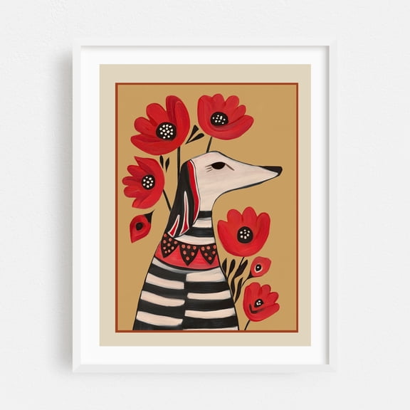 Striped Dog with Poppies - Digital Art Dog Floral Animal Illustration Whimsical Modern Art White Framed Wall Art Print 8 x 10 inches