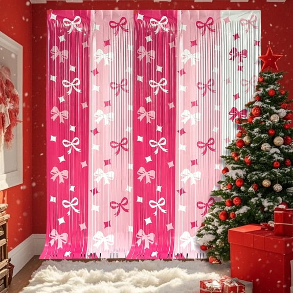 Striped Door Curtain 78.7x39.4 Inch, Pink White Bow Design Room Divider, Flowery Strip Door Hanging for Bedroom Living Room Party Background Decor