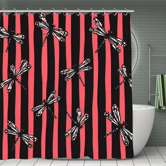 Striped Dragonfly Pattern Print Shower Curtain,Cloth Fabric Waterproof Polyester Bathroom Home Decor Set with Hooks 70.8×70.8Inch