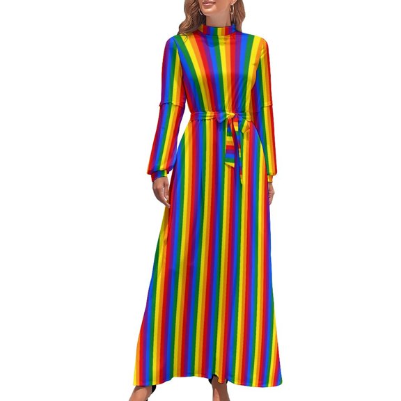 Striped Dress Colorful Stripe Print Modern Print Maxi Dress High Neck Long Sleeve Korean Fashion Boho Beach Long Dresses