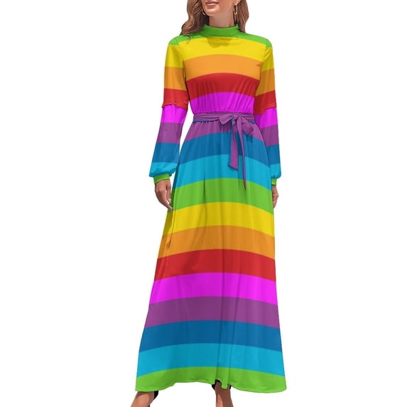 Striped Dress Colorful Stripe Print Modern Print Maxi Dress High Neck Long Sleeve Korean Fashion Boho Beach Long Dresses